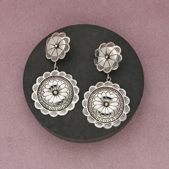 Native Jewelry - navajo sterling silver vintage stamped concho flower dangle post earrings